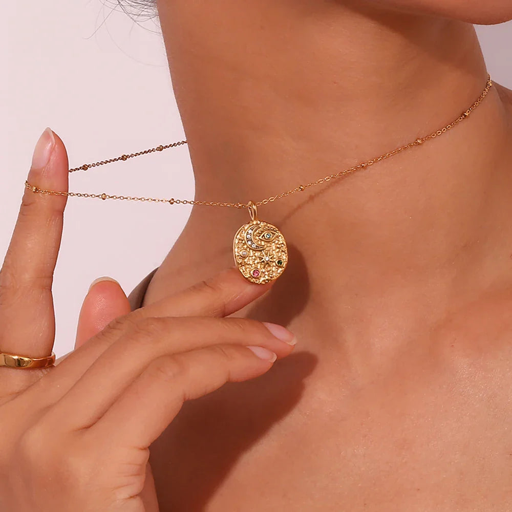 CZ Star Moon Texture Disk Pendant Necklace