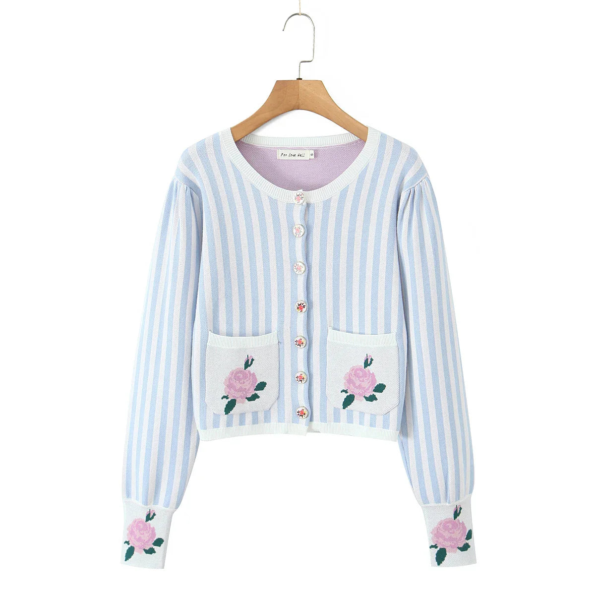 Amelie Floral Blue Striped Pointelle Knit Cardigan