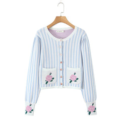 Amelie Floral Blue Striped Pointelle Knit Cardigan