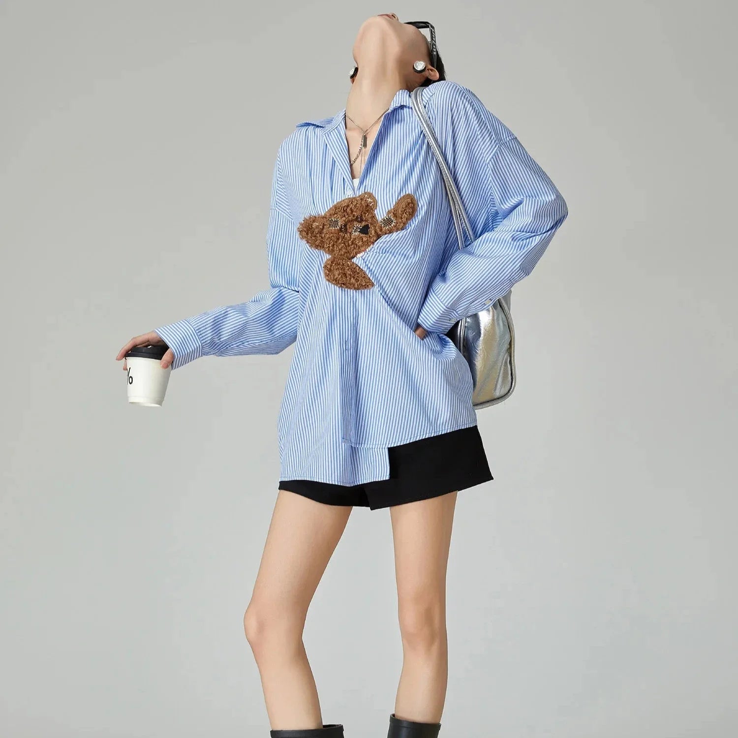 Dores Teddy Bear Patchwork Pin Stripe Shirts