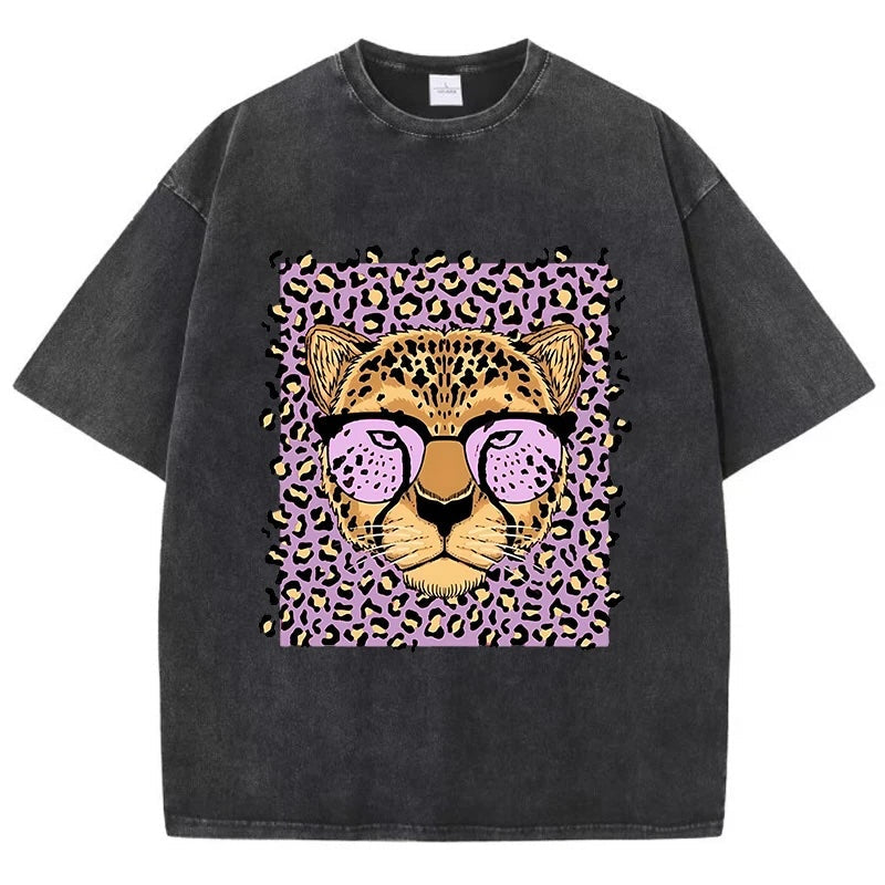Vintage Wash Glassed Leopard Graphic T-Shirts