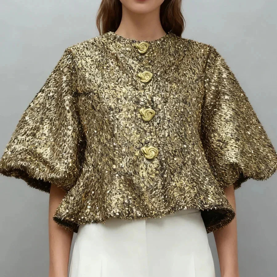 Natasha Sequin Puff-Sleeve Cropped Jacket