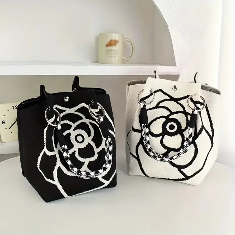 Camellia Flower Knit Bucket Handbag