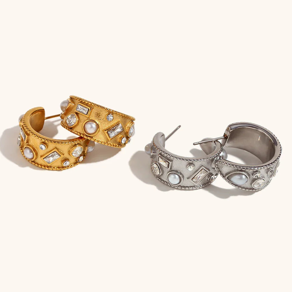 Luxe Encrusted Pearl and Crystal C Hoop Earrings