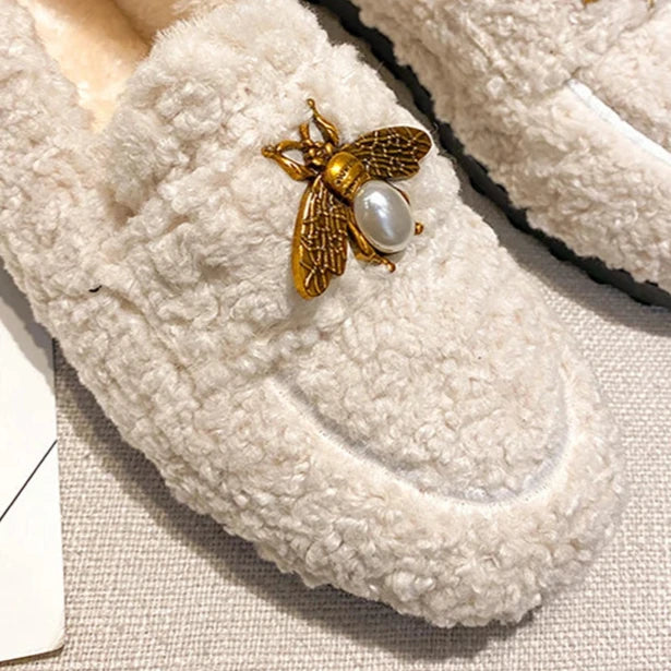 Bees Charm Faux Lambs Wool Driving Loafers