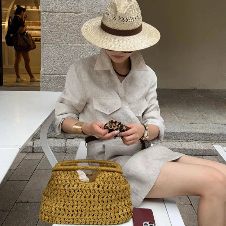 Sena Shell Straw Snap Clutch Bag