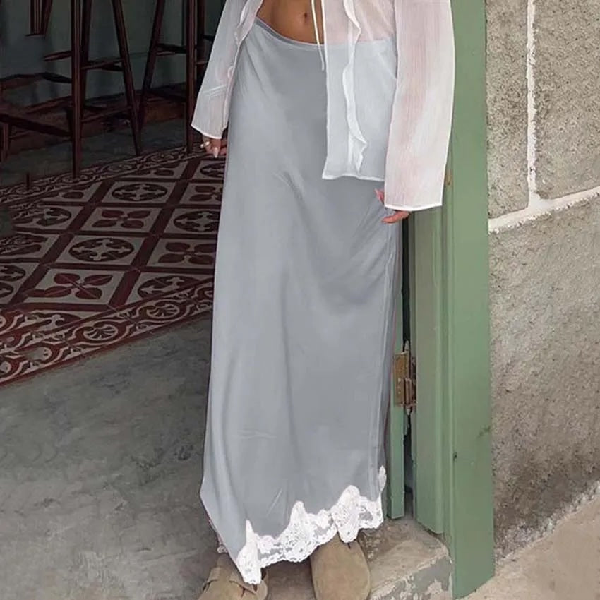 Sirke Lace Trim Maxi Satin Skirts
