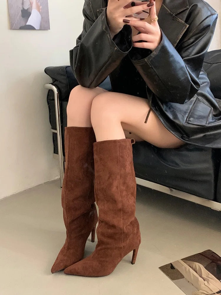 Catherine Pointed Toe Knee-High Suede Slouchy Boots