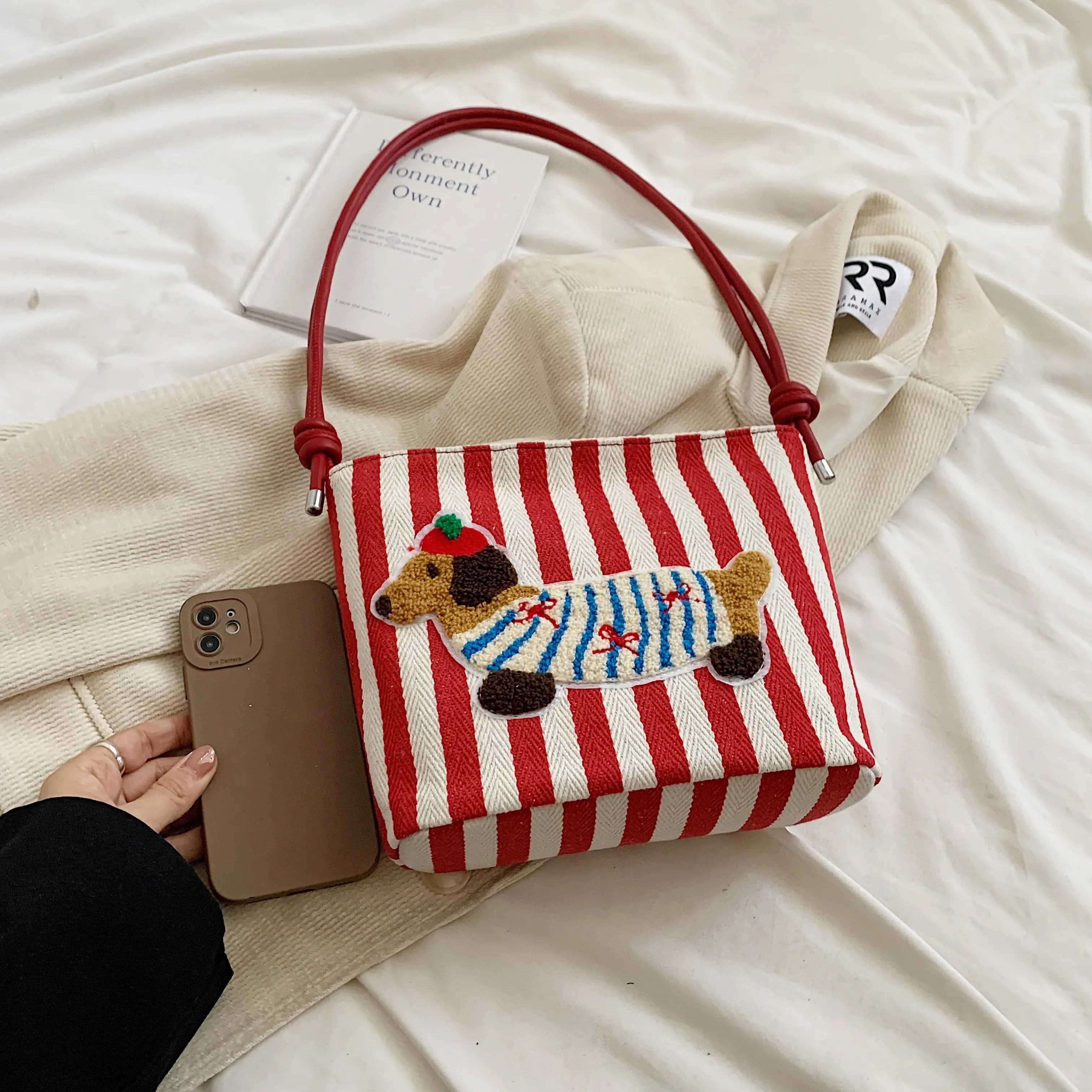 Cute French Poppy Patchwork Stripe Shoulder Bag