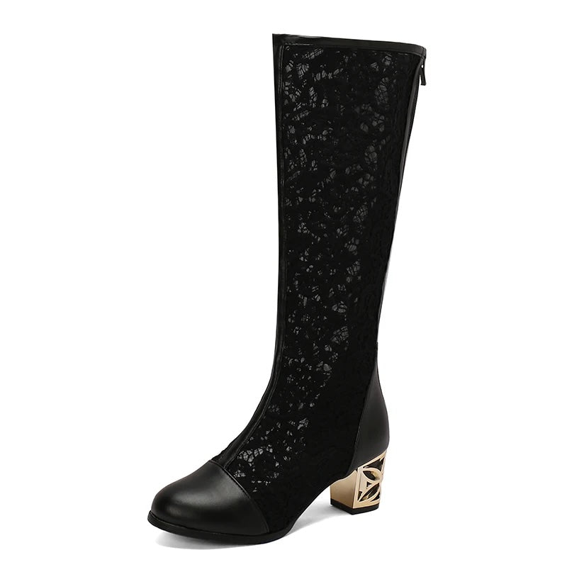 Maritta Floral Lace Mesh Knee High Boots