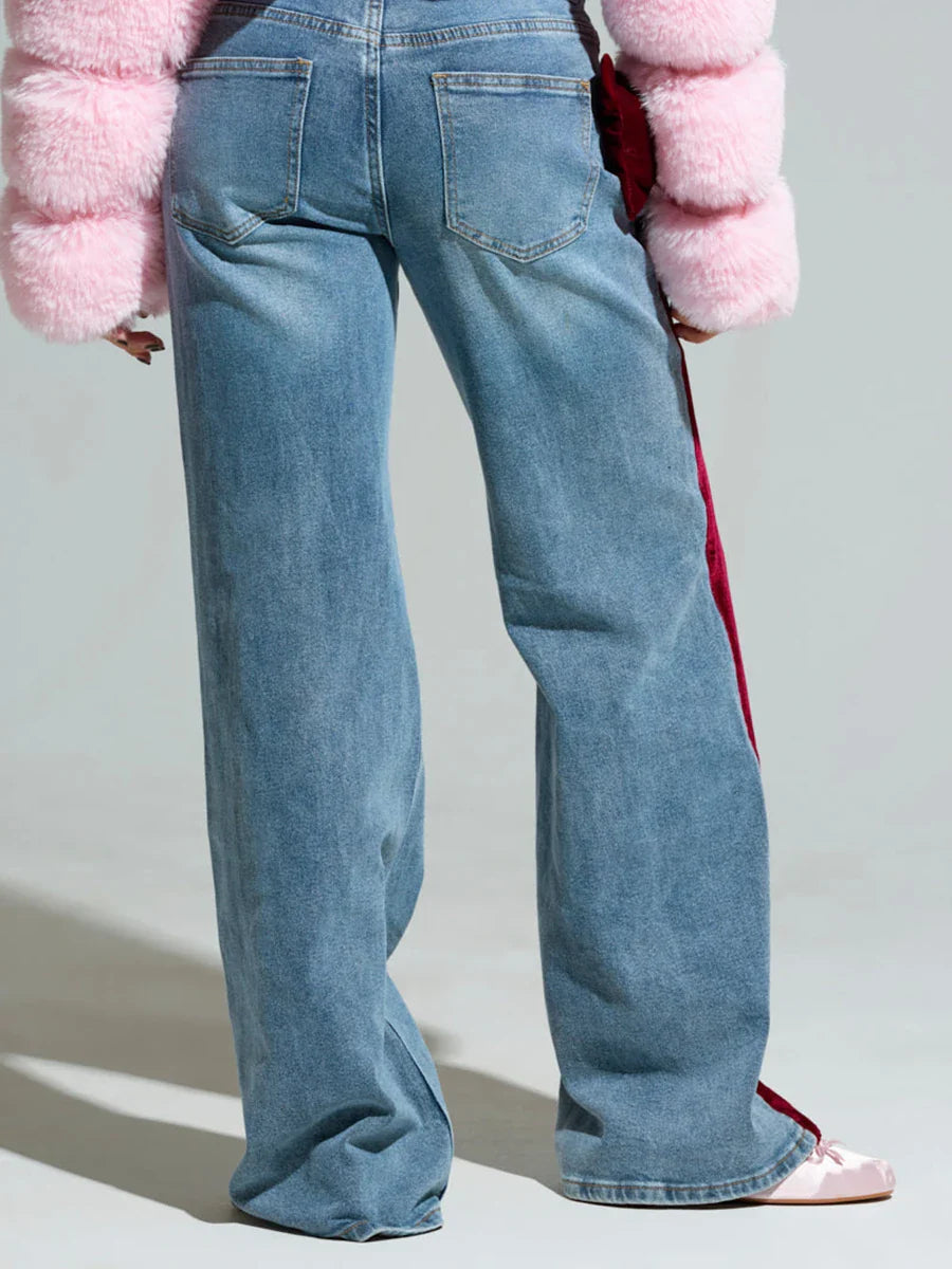 Georgina Velvet-Bow Side Stripe Wide-Leg Jeans