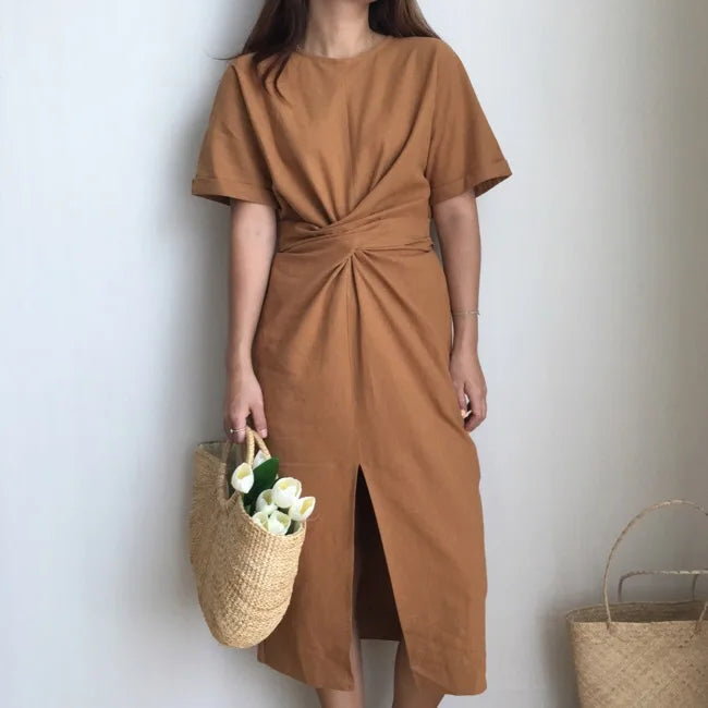 Elegant Twist Tie Waist and Front Slit Midi Dress - Green/One Size (US S/M) - SALE