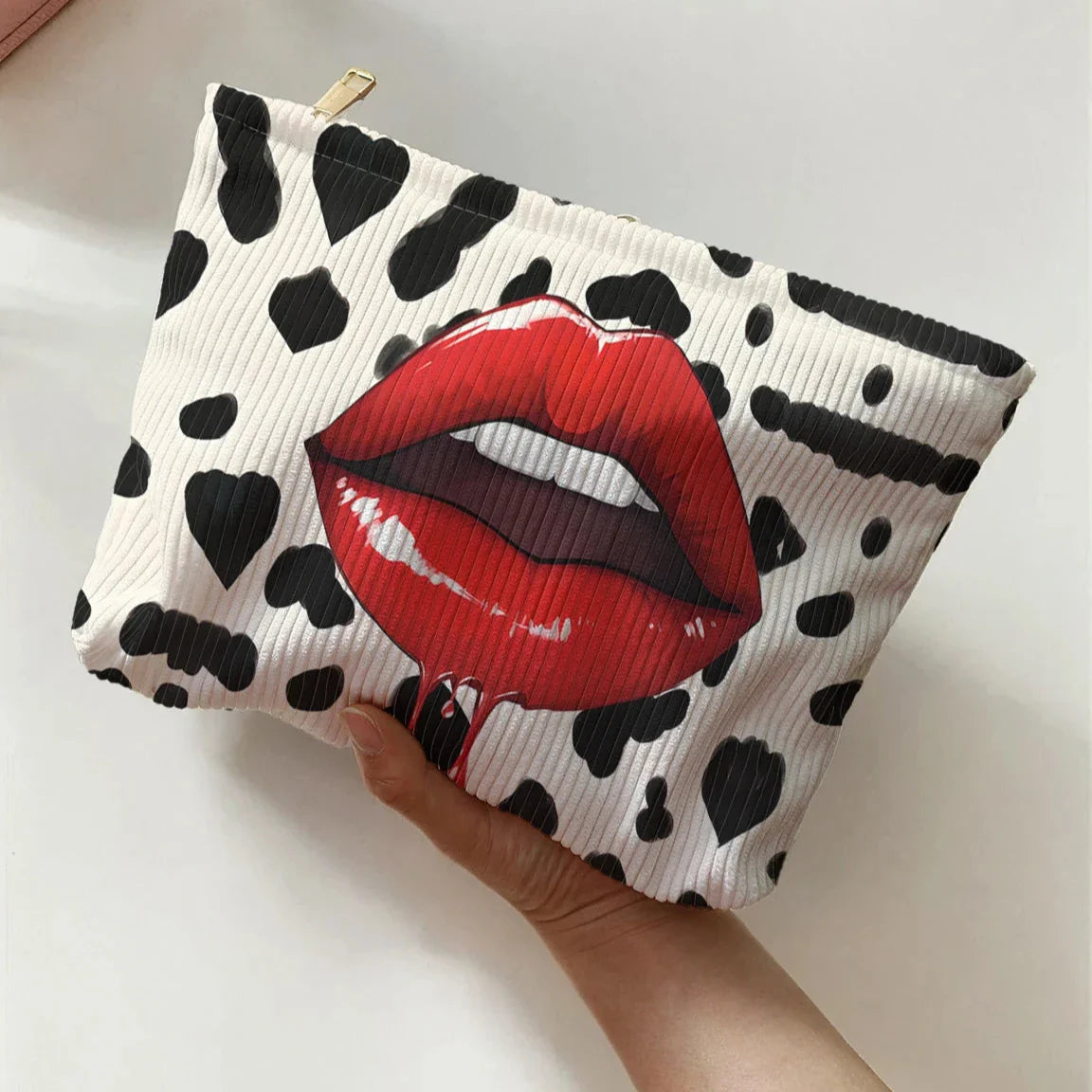 Cowhide Red LIps Print Cosmetic Pouch