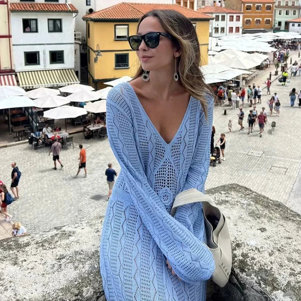 Bethel Blue Crochet Knit Maxi Dress