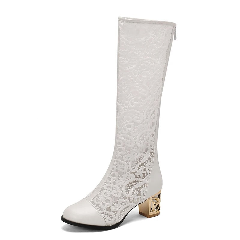 Maritta Floral Lace Mesh Knee High Boots