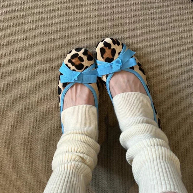 Nabie Leopard Bow Knot Suede Ballet Flats