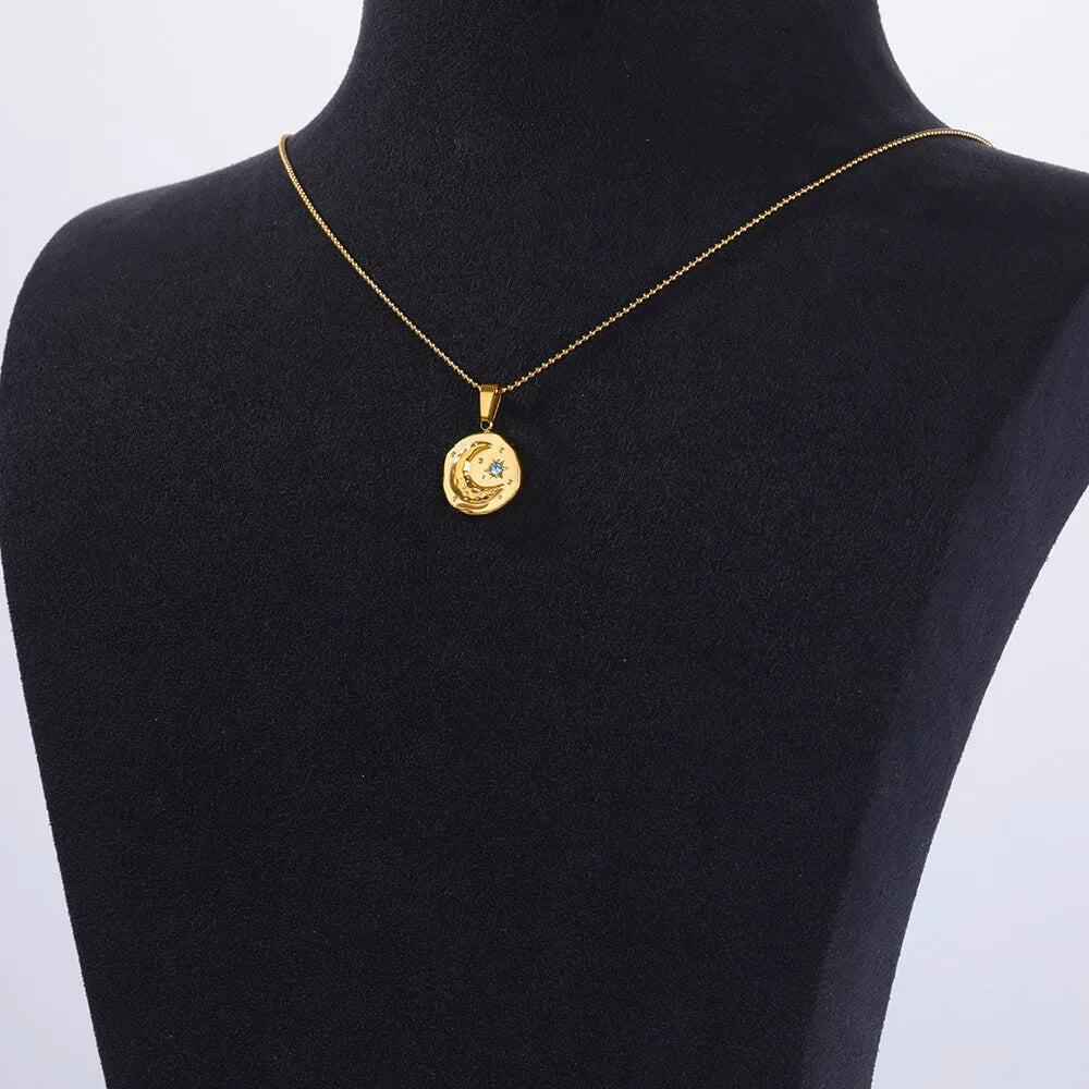 Blue CZ Star Moon Pendant Necklace