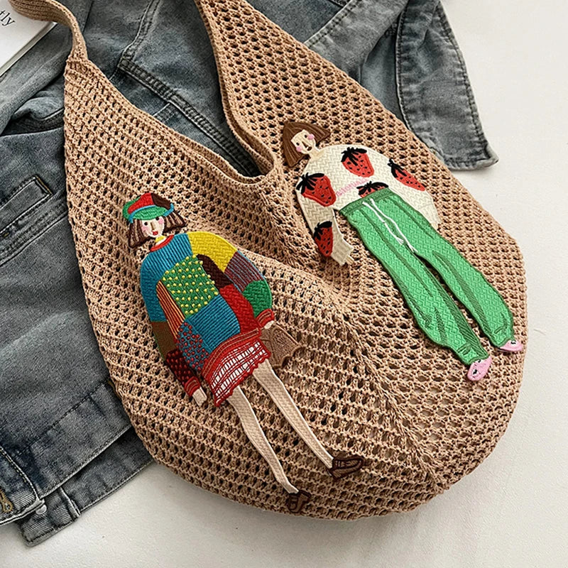 Tamara Two Girls Embroidery Knit Shoulder Bags