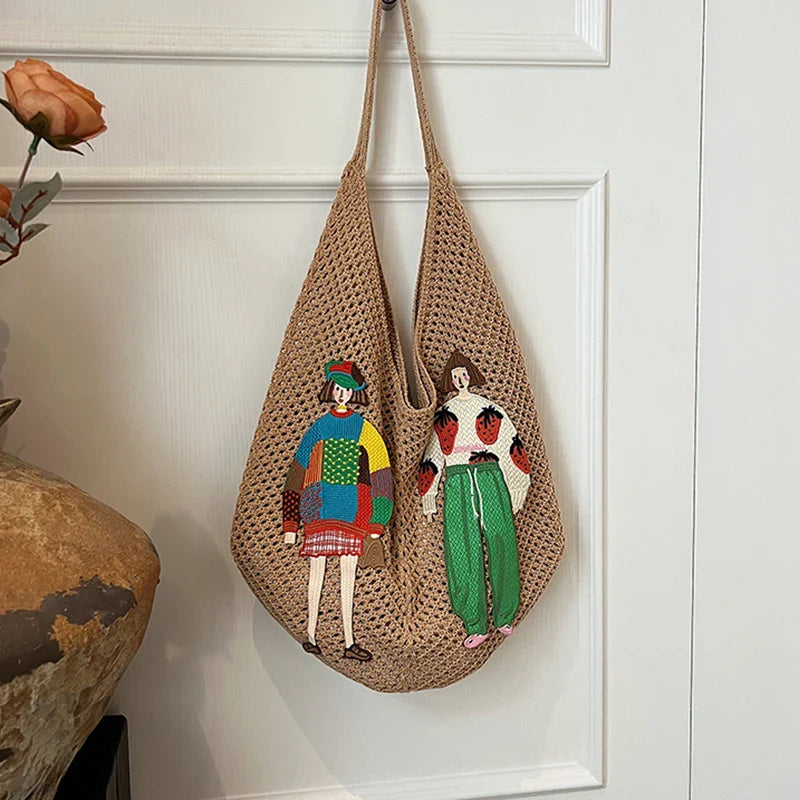 Tamara Two Girls Embroidery Knit Shoulder Bags