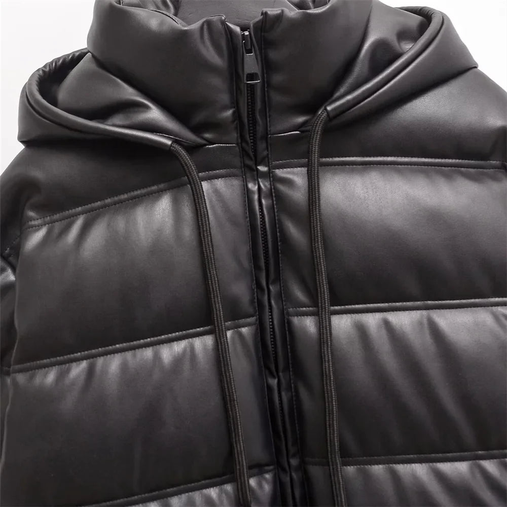 Jaden Faux Leather Hooded Puffer Jacket