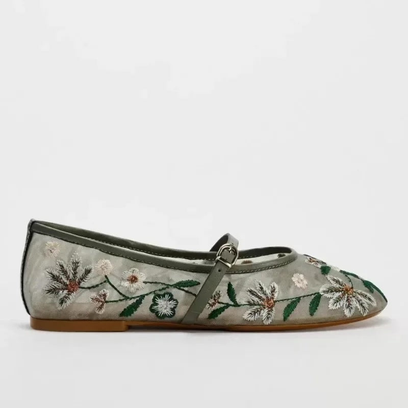 Saachi Floral Embroidery Mesh Ballet Flats