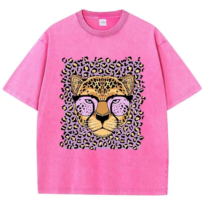 Vintage Wash Glassed Leopard Graphic T-Shirts
