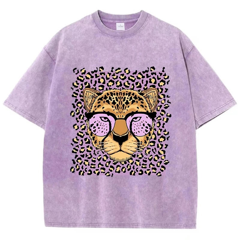 Vintage Wash Glassed Leopard Graphic T-Shirts