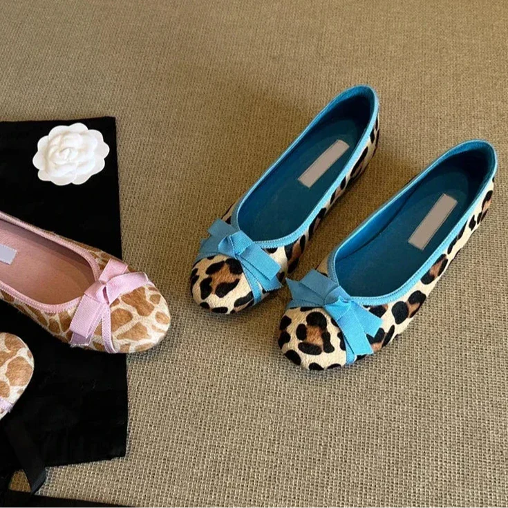 Nabie Leopard Bow Knot Suede Ballet Flats