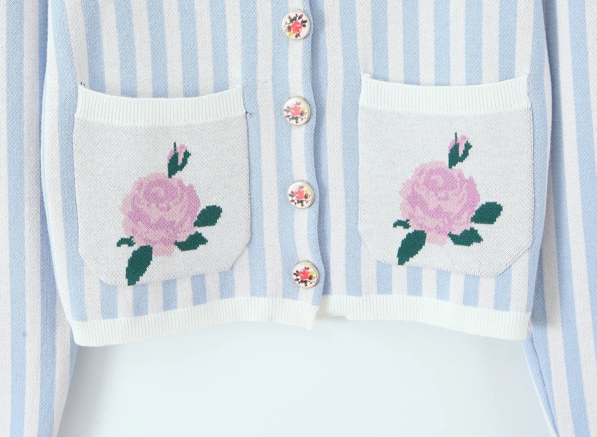 Amelie Floral Blue Striped Pointelle Knit Cardigan