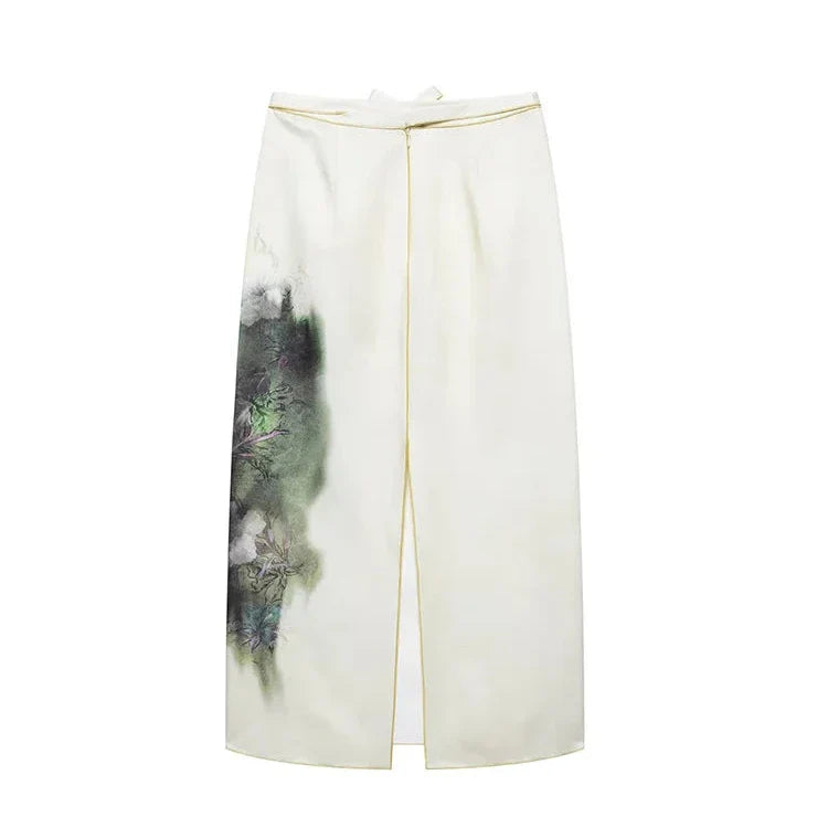 Jane Bow Tie Floral Prints Midi Skirt