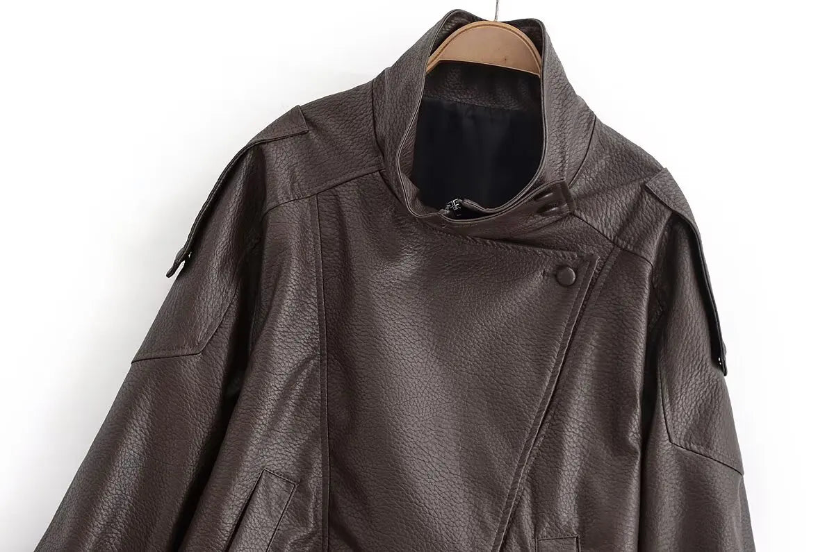 Diane Stand Collar Faux  Leather Bomber Jacket
