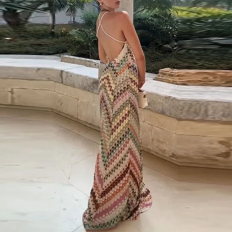 Ruena Colorful Striped Crochet Maxi Halter Dress - Beige M - SALE