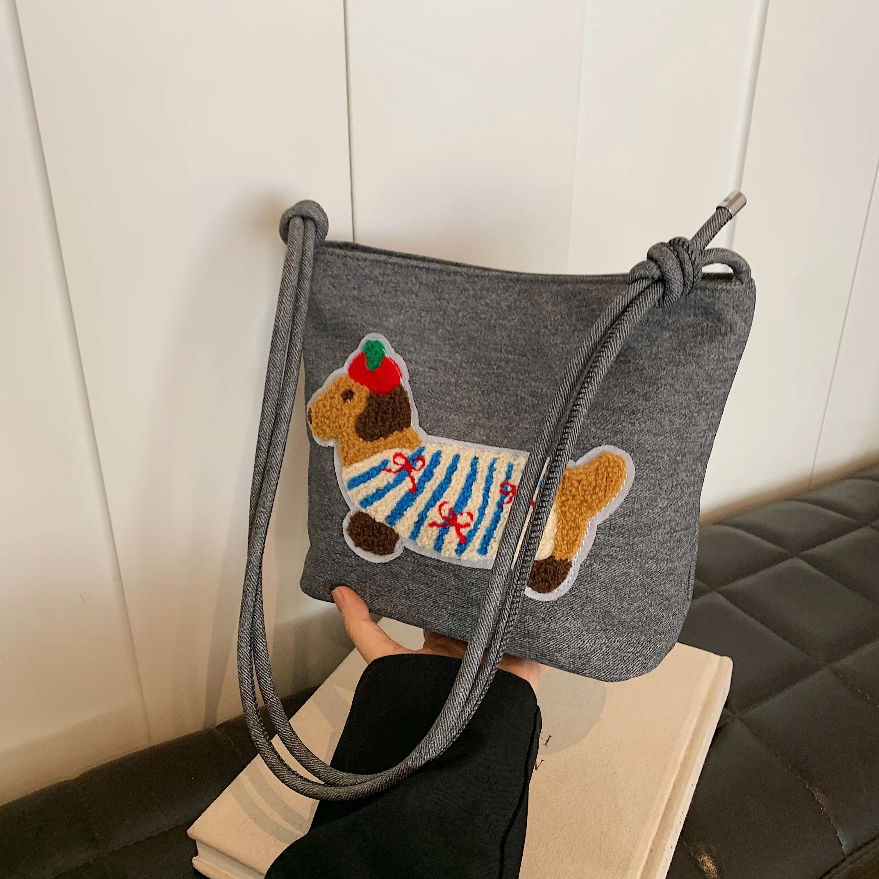 Cute French Poppy Patchwork Stripe Shoulder Bag