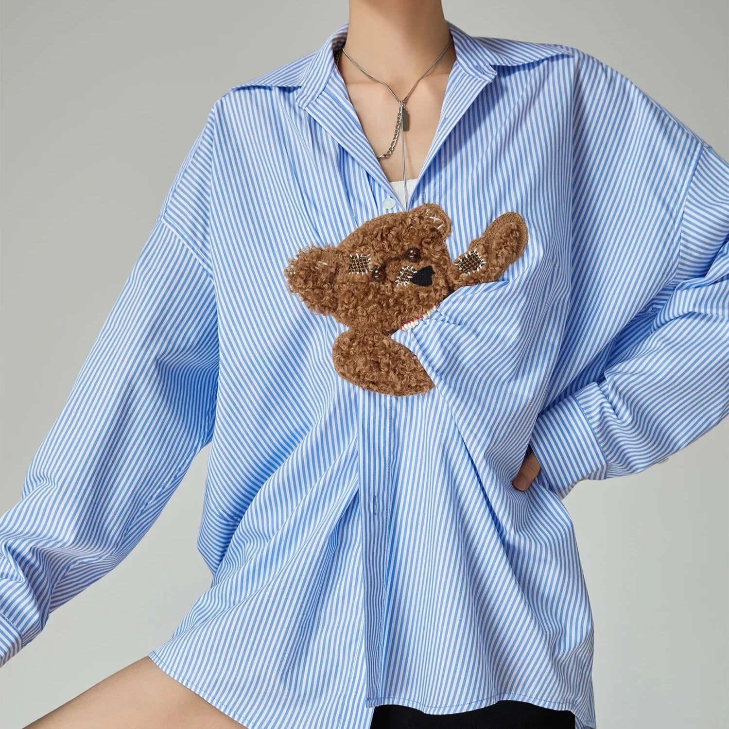 Dores Teddy Bear Patchwork Pin Stripe Shirts