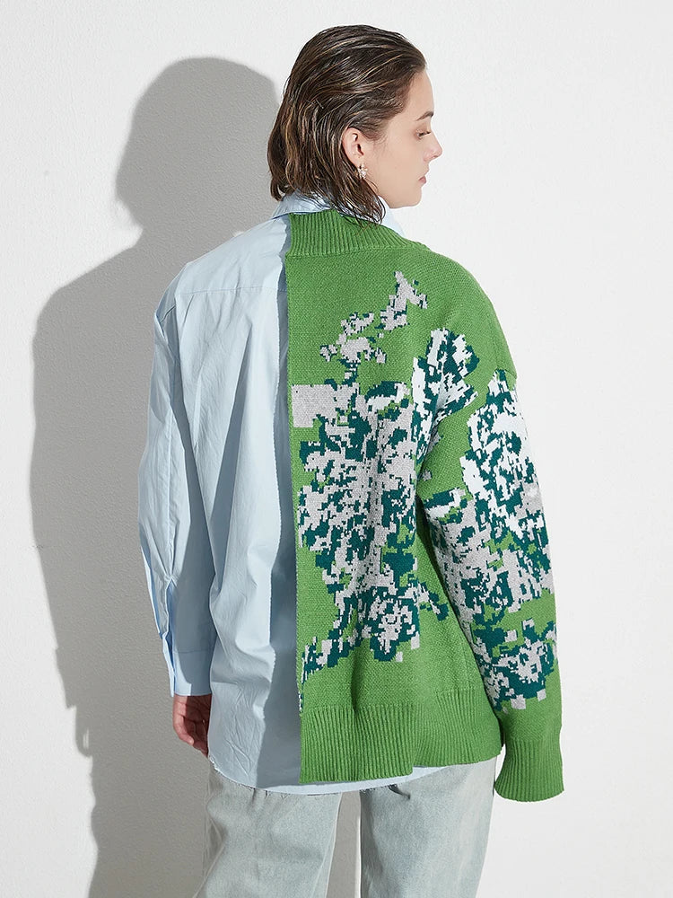 Jordana Asymmetric Knit–Shirt Hybrid Top