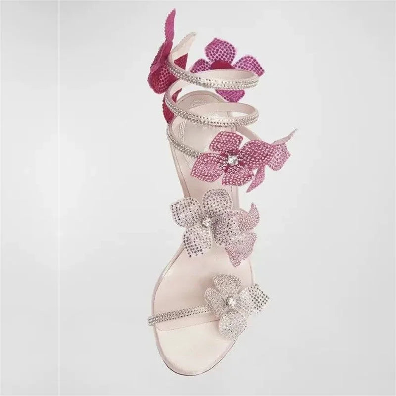 Amelia Crystal Flower Spiral Strap Sandals