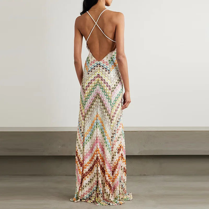 Ruena Colorful Striped Crochet Maxi Halter Dress - Beige M - SALE