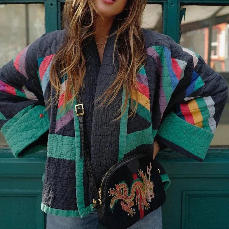 Saara Rainbow Stripe Quilted Kimono Jacket / Size L - SALE