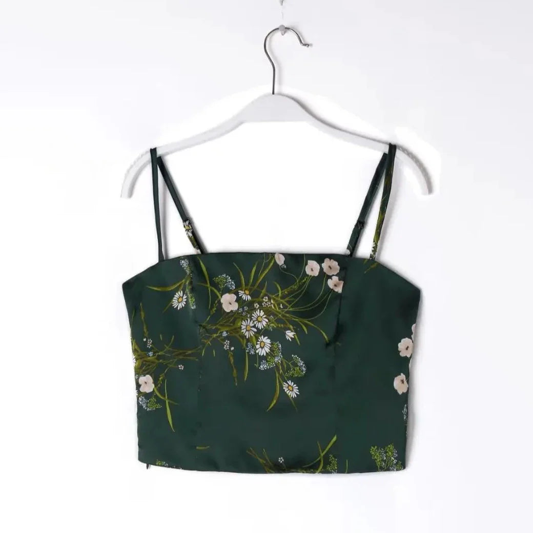 Green Floral Chinoise Satin Camisole Top / Size M - SALE