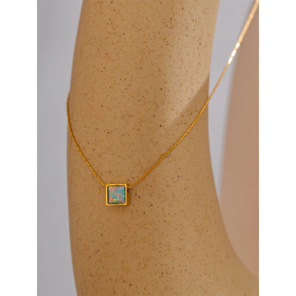 Elegant Square Natural Opal Stone Pendant Necklace