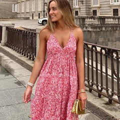 Brooke V-neck Pink Halter Sun Dress