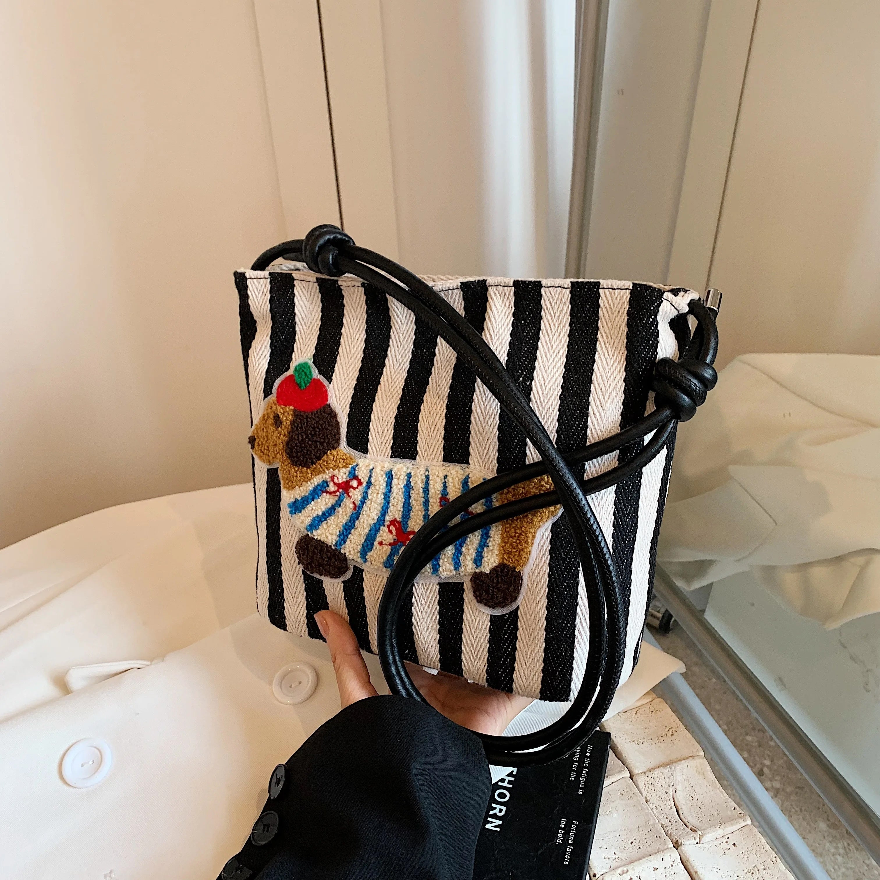 Cute French Poppy Patchwork Stripe Shoulder Bag