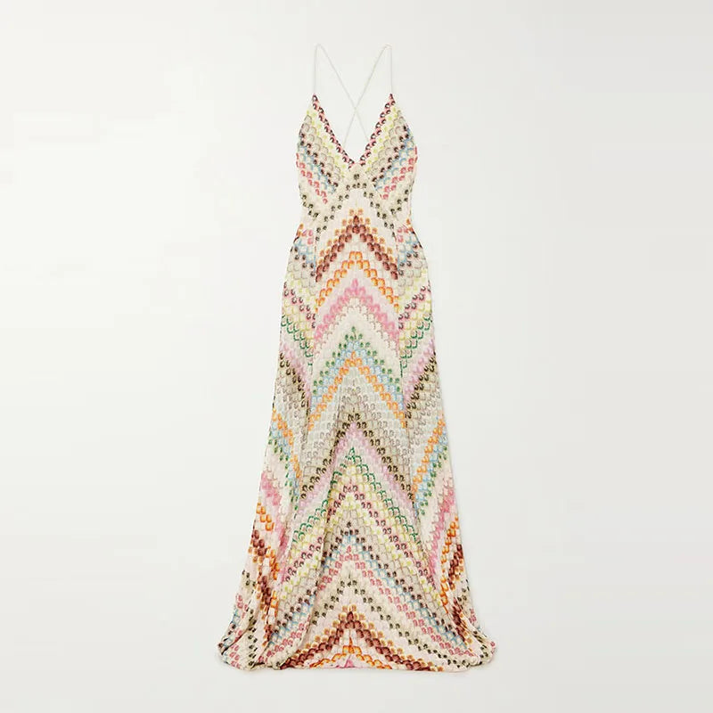 Ruena Colorful Striped Crochet Maxi Halter Dress - Beige M - SALE