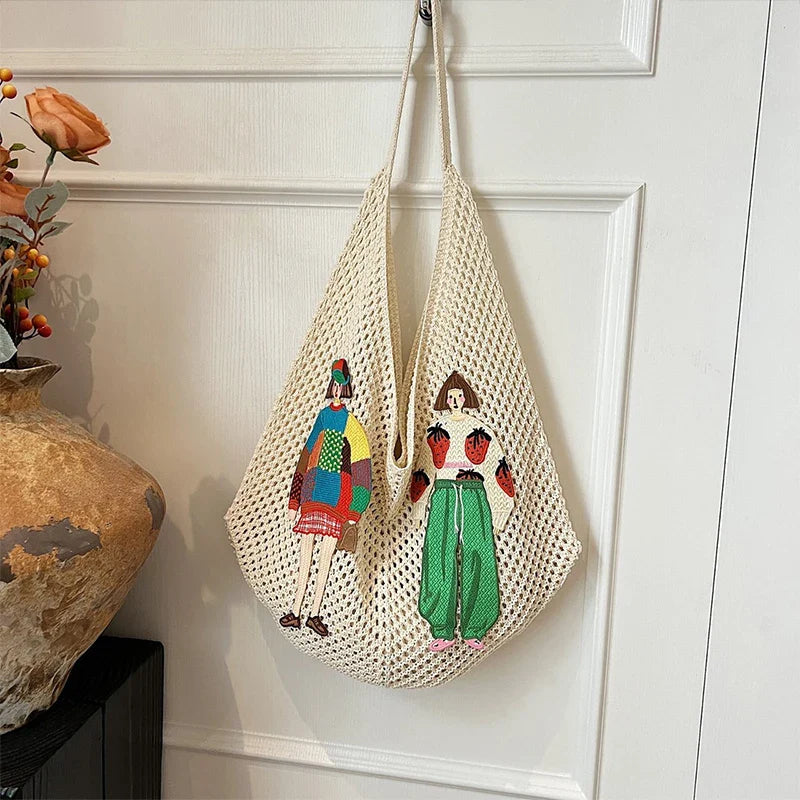 Tamara Two Girls Embroidery Knit Shoulder Bags