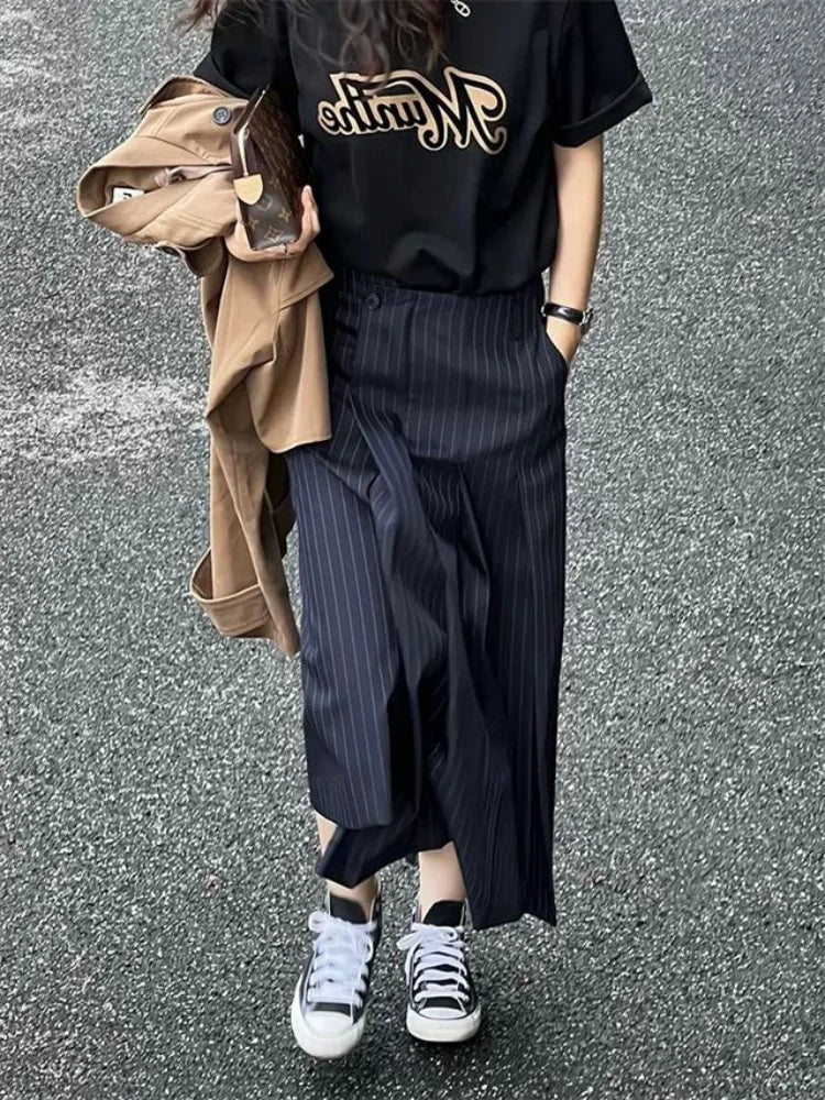 Jamesina Asymmetric Wrap Pinstripe Maxi Skirt