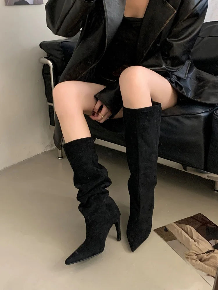 Catherine Pointed Toe Knee-High Suede Slouchy Boots