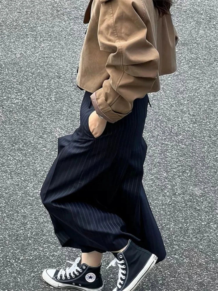 Jamesina Asymmetric Wrap Pinstripe Maxi Skirt