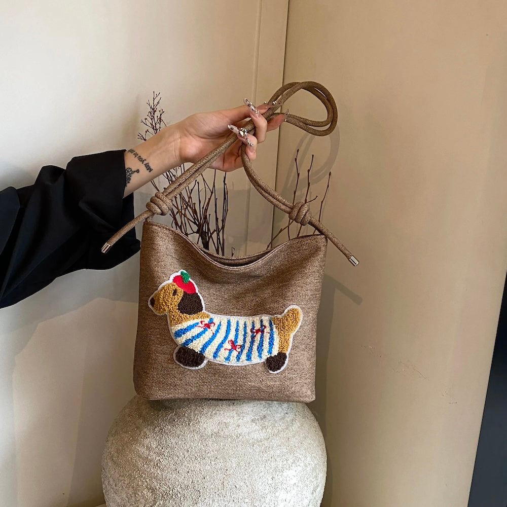 Cute French Poppy Patchwork Stripe Shoulder Bag