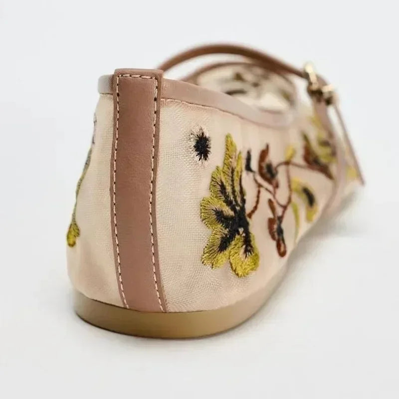 Saachi Floral Embroidery Mesh Ballet Flats