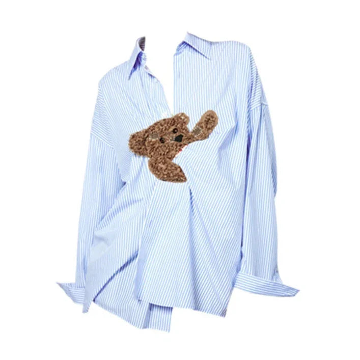 Dores Teddy Bear Patchwork Pin Stripe Shirts